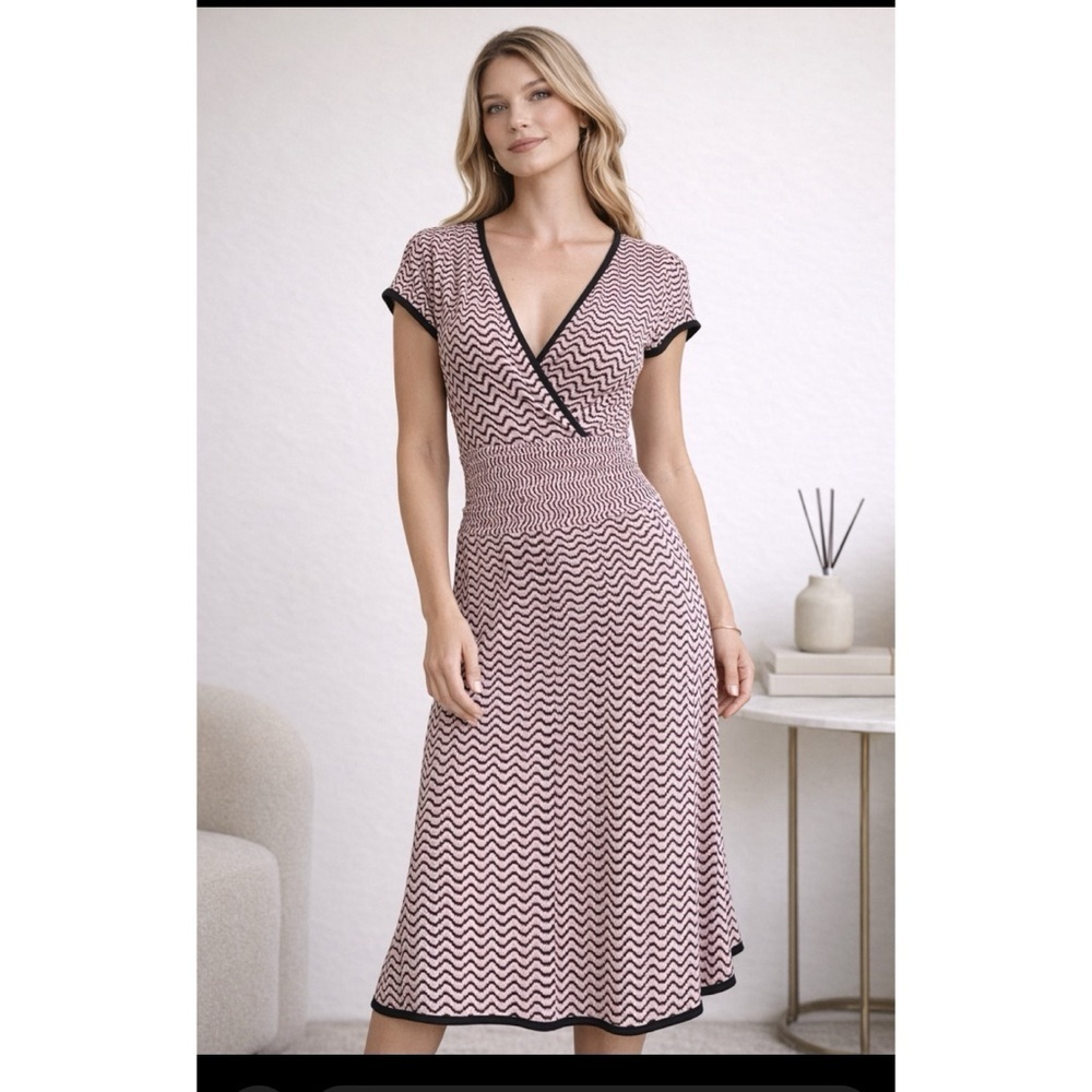 Nine West Pink Chevron Wrap Midi Dress with Black Trim